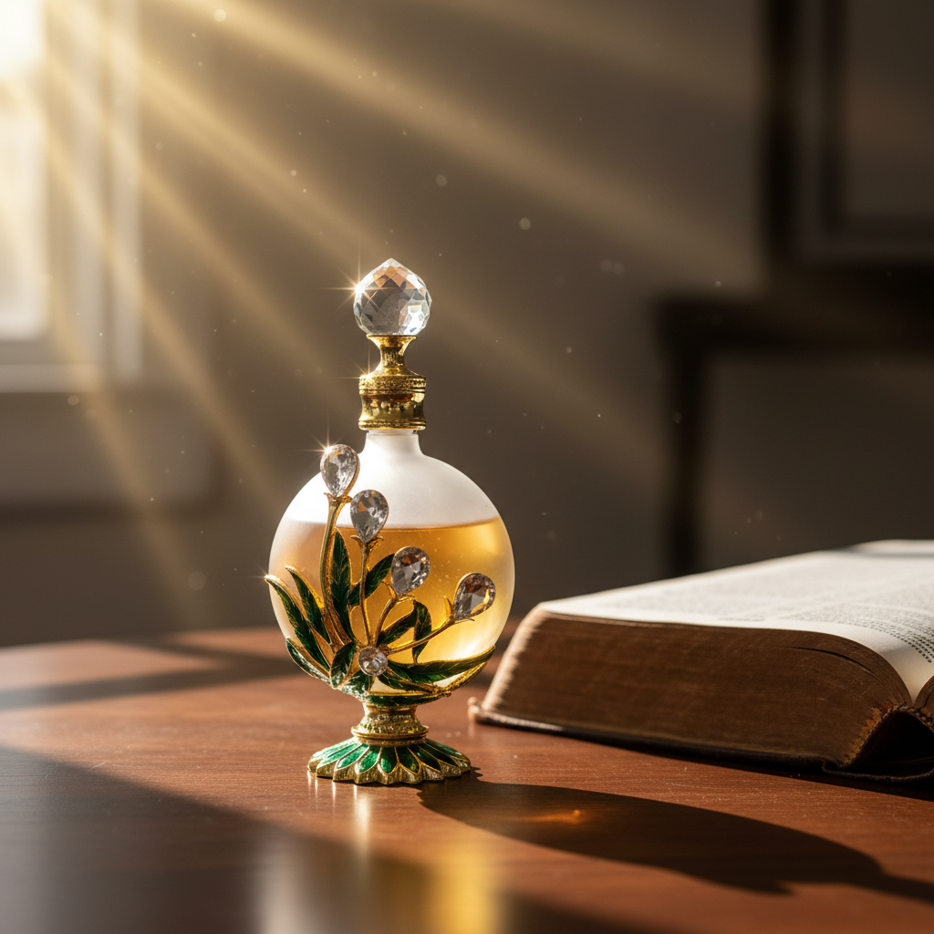 Decorative bottle with crystal top on a wooden surface with an open book