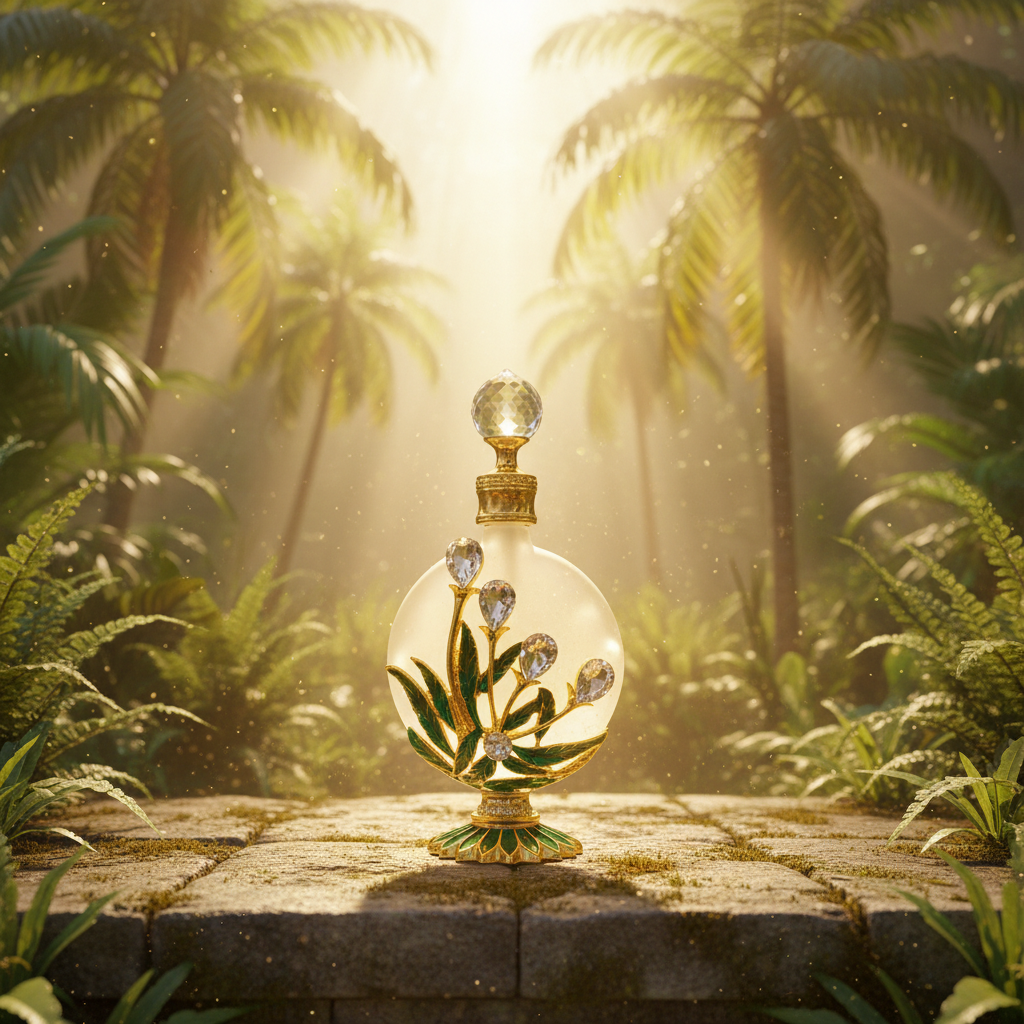 Ornate frosted glass globe anointing oil bottle with gold filigree base and crystal topper, resting on ancient stone tiles surrounded by lush tropical palms and golden rays of light streaming from above.