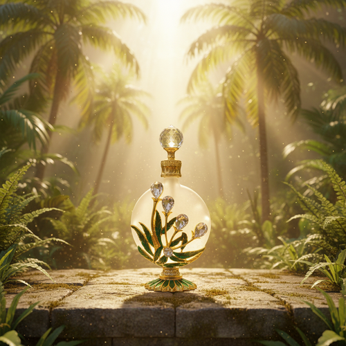 Ornate frosted glass globe anointing oil bottle with gold filigree base and crystal topper, resting on ancient stone tiles surrounded by lush tropical palms and golden rays of light streaming from above.