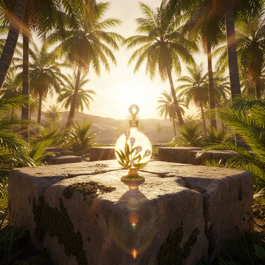 Decorative lantern on a stone platform with palm trees and sunset in the background