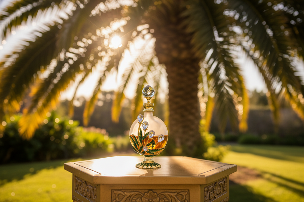 Decorative glass bottle on a pedestal with palm trees in the background