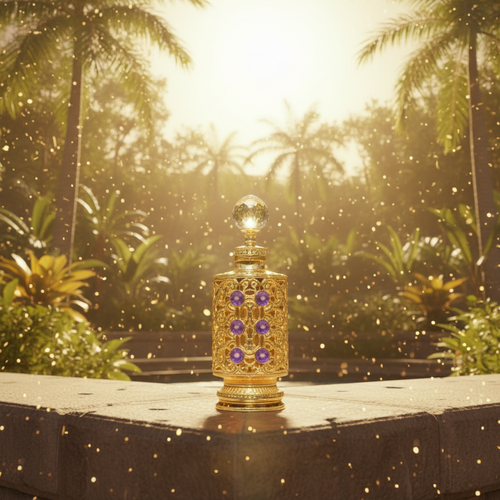 Decorative lantern on a table with a tropical garden background