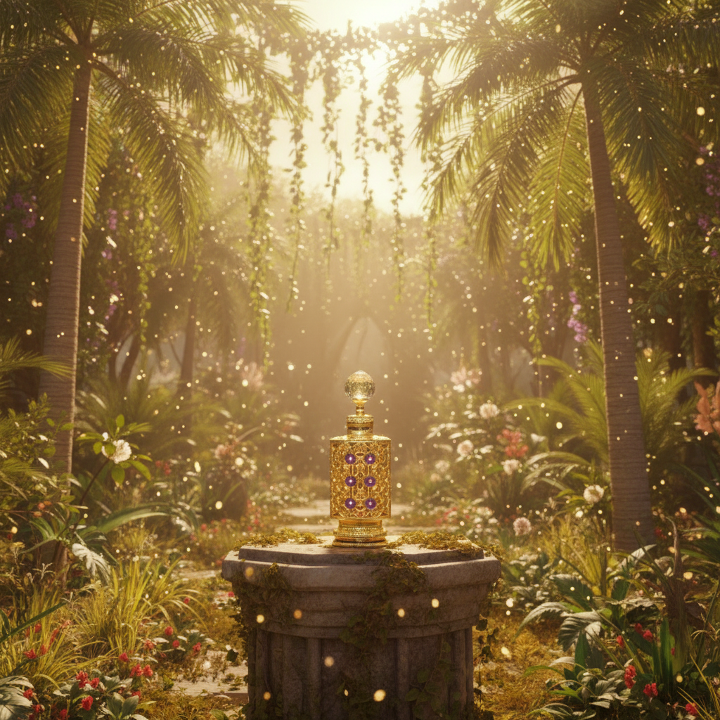 Decorative fountain in a lush, forest with glowing lights.