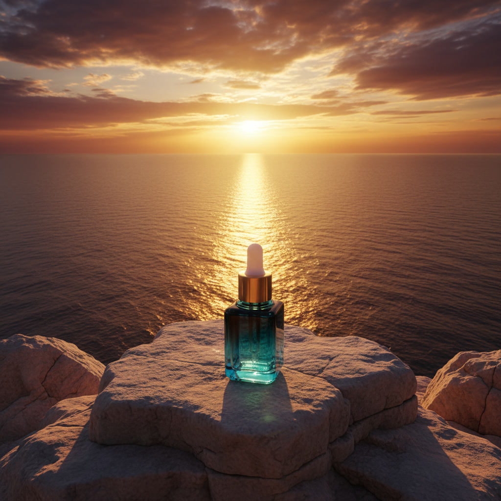 Bottle of blue liquid on a rock with a sunset over the ocean