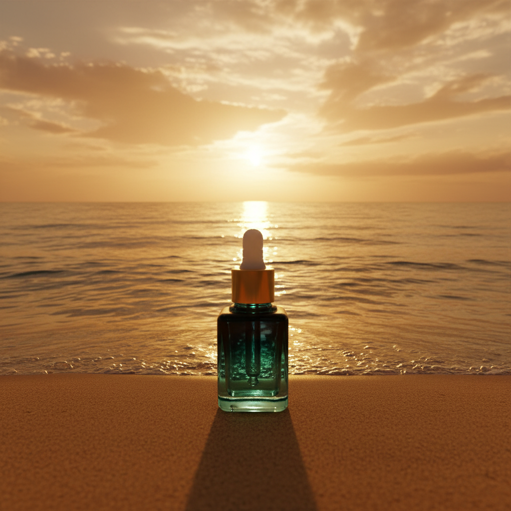 Bottle with dropper on sand at sunset over ocean
