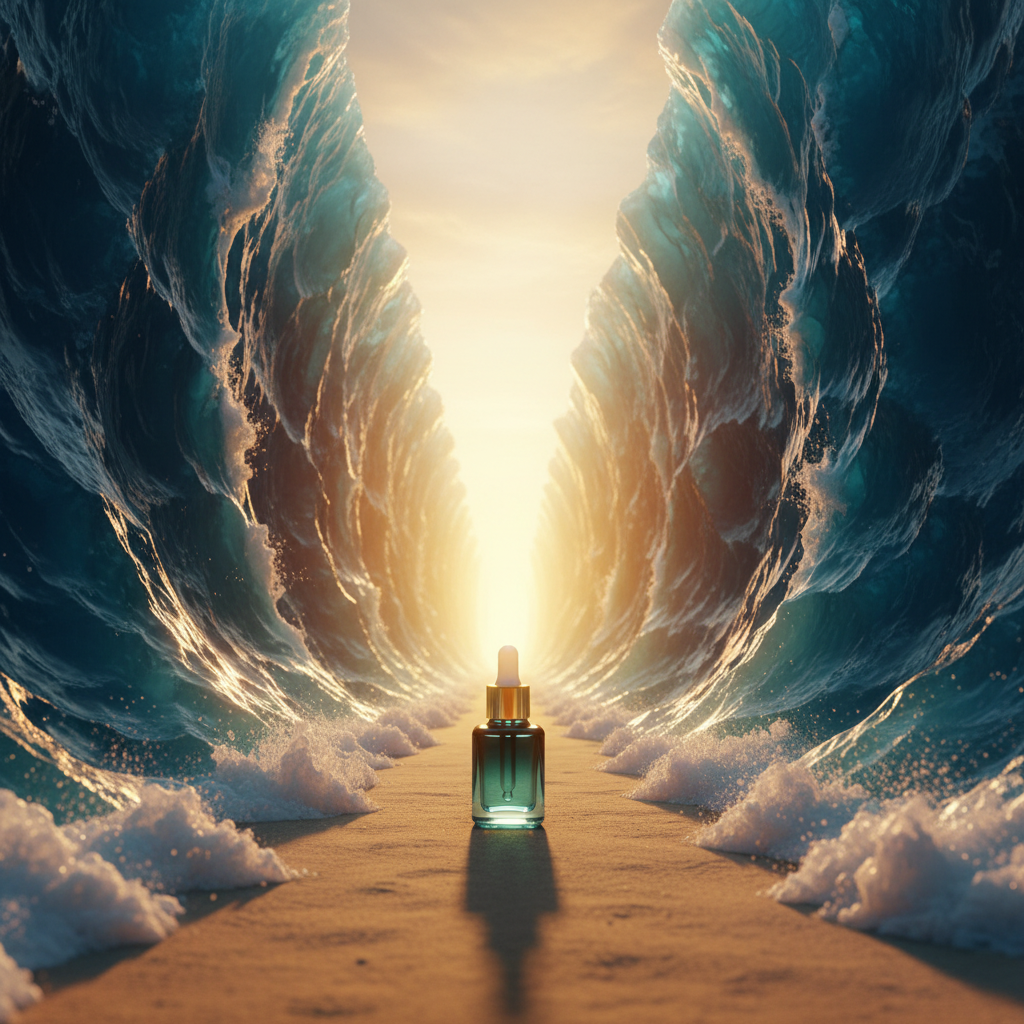 Bottle of perfume on a path between two large waves with a bright light at the end.