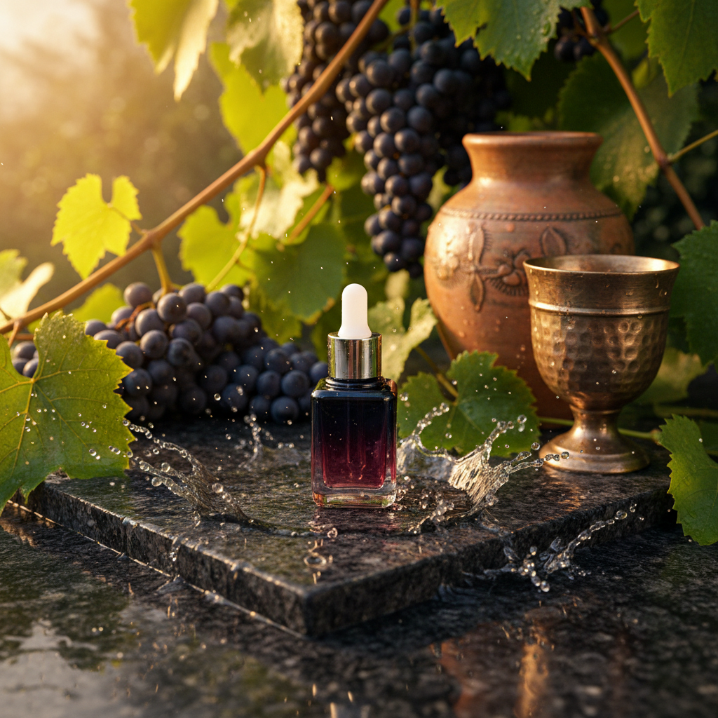 Bottle of dark liquid with dropper on a stone surface with grapes and a cup in the background.