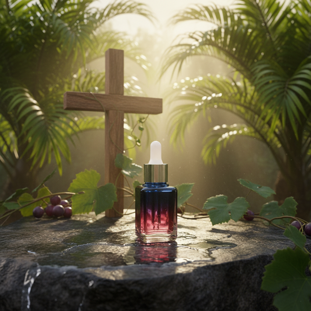 Bottle of red liquid with dropper on a stone surface in front of a wooden cross and greenery.