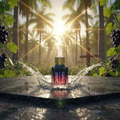 Perfume bottle with water splash against a tropical background