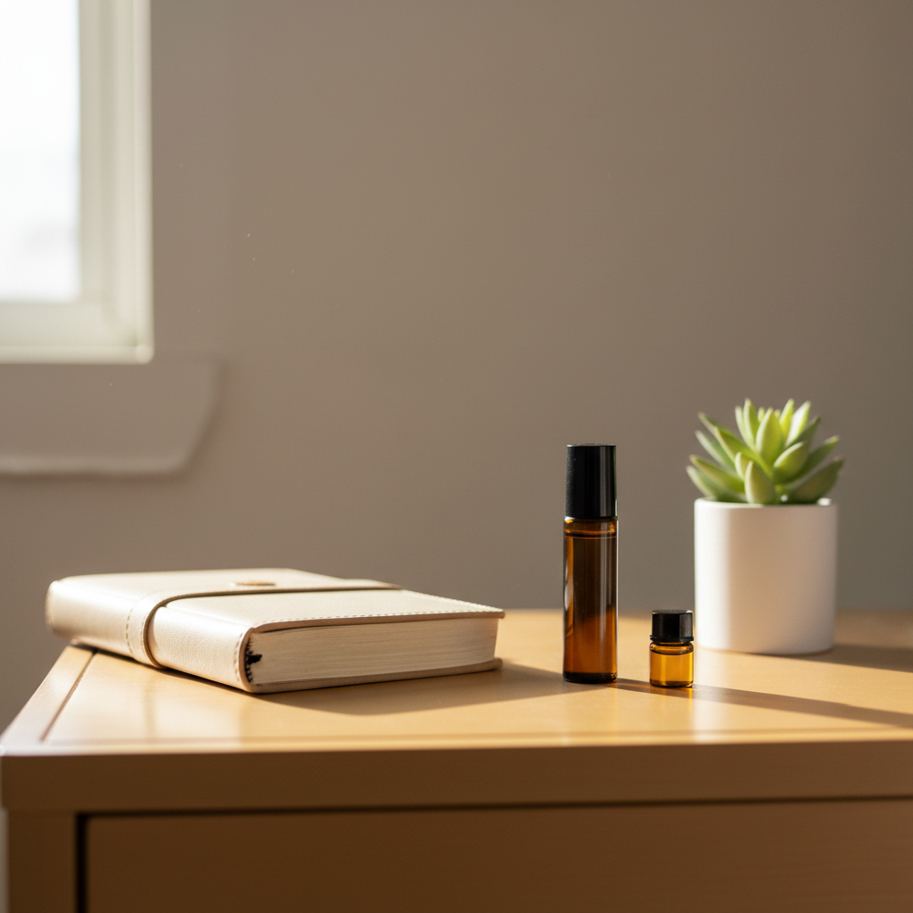 Two small bottles on a wooden surface with a notebook and a potted plant in the background.