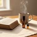 Two small bottles of essential oil on a table with an open book and a steaming mug in the background.