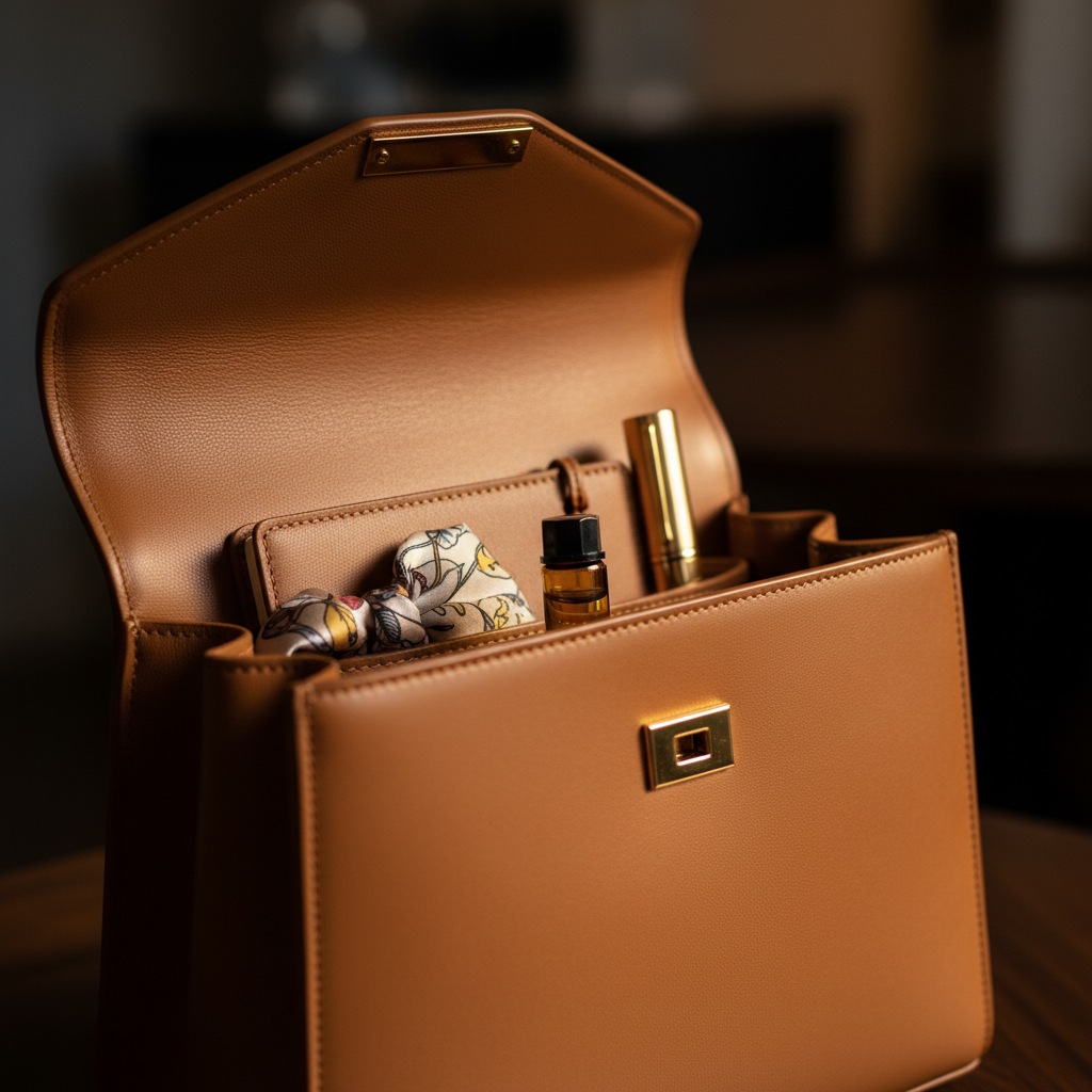 Brown leather handbag with cosmetic items on a blurred background