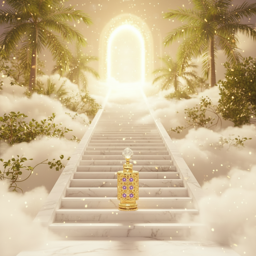 Gold perfume bottle on a snowy staircase with palm trees and a glowing archway in the background